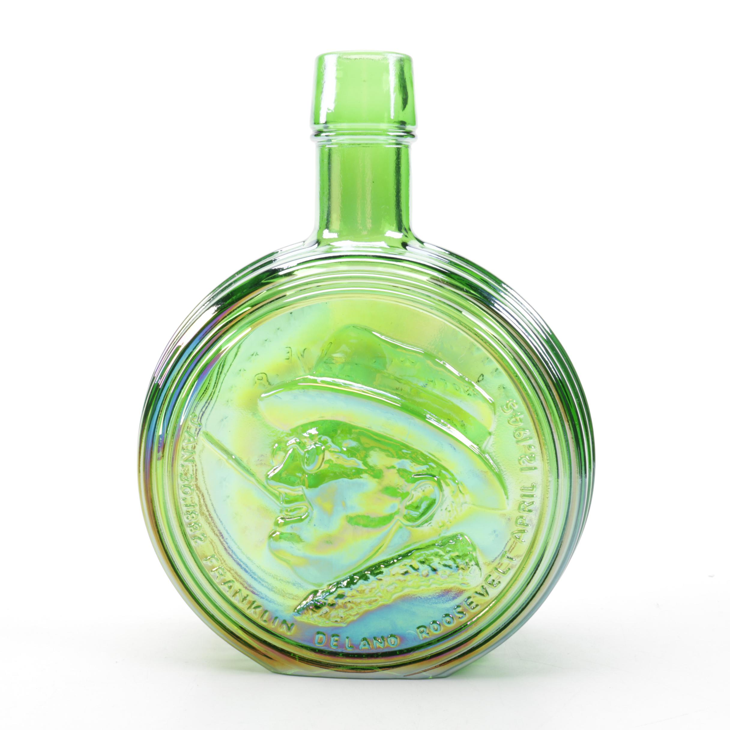 Iridescent Green Glass Bottle with Roosevelt Motif