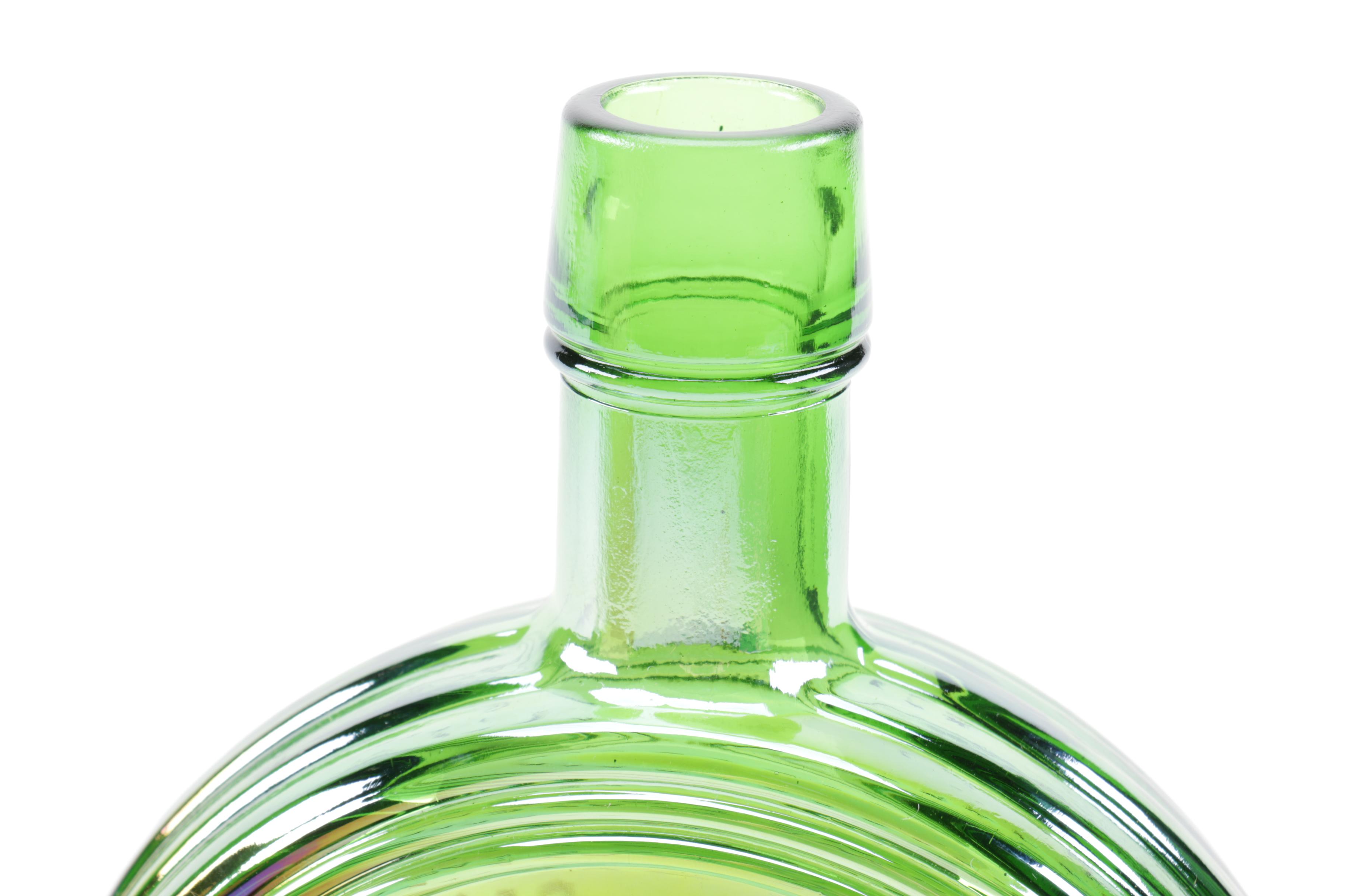 Iridescent Green Glass Bottle with Roosevelt Motif