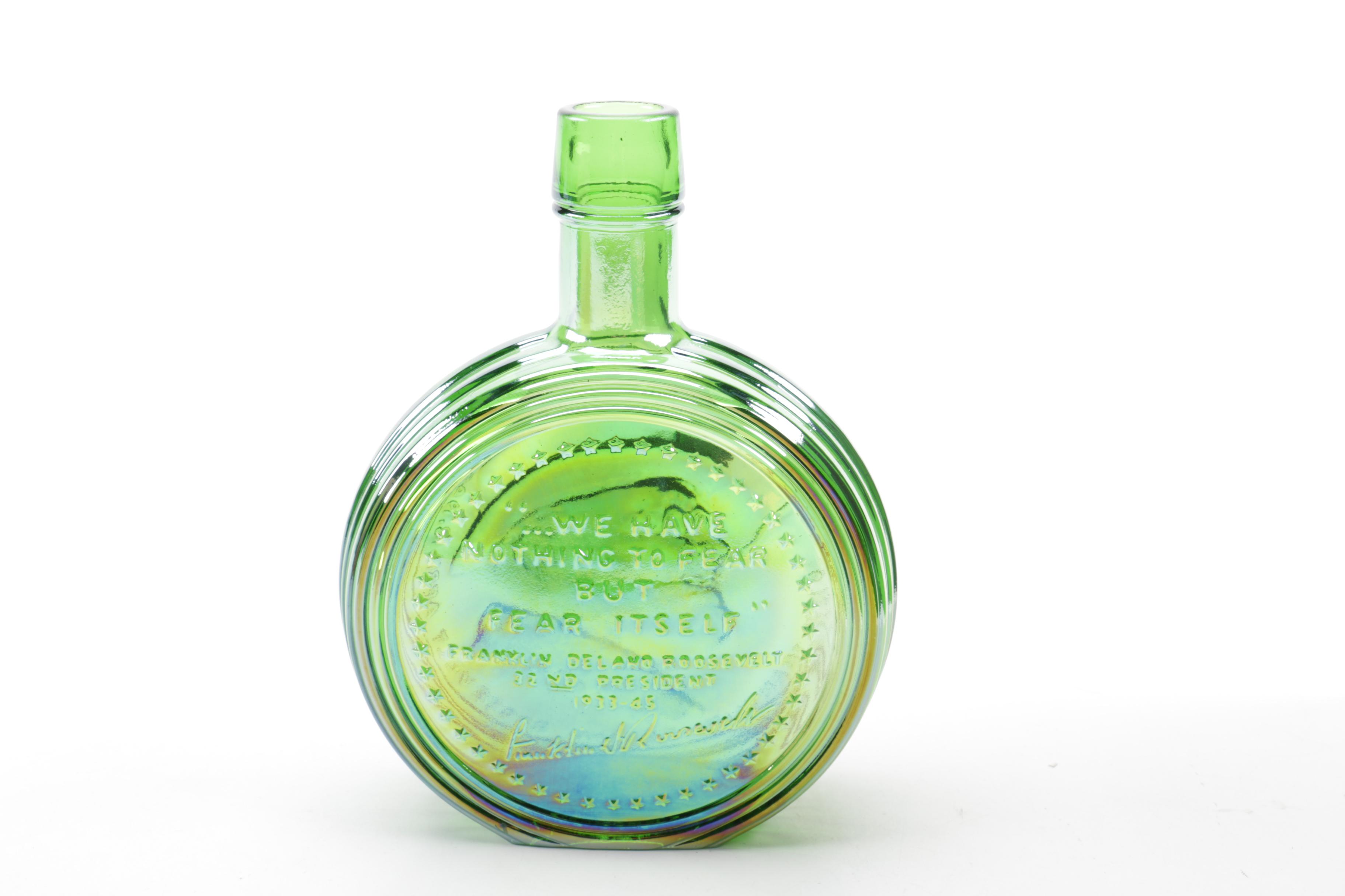 Iridescent Green Glass Bottle with Roosevelt Motif