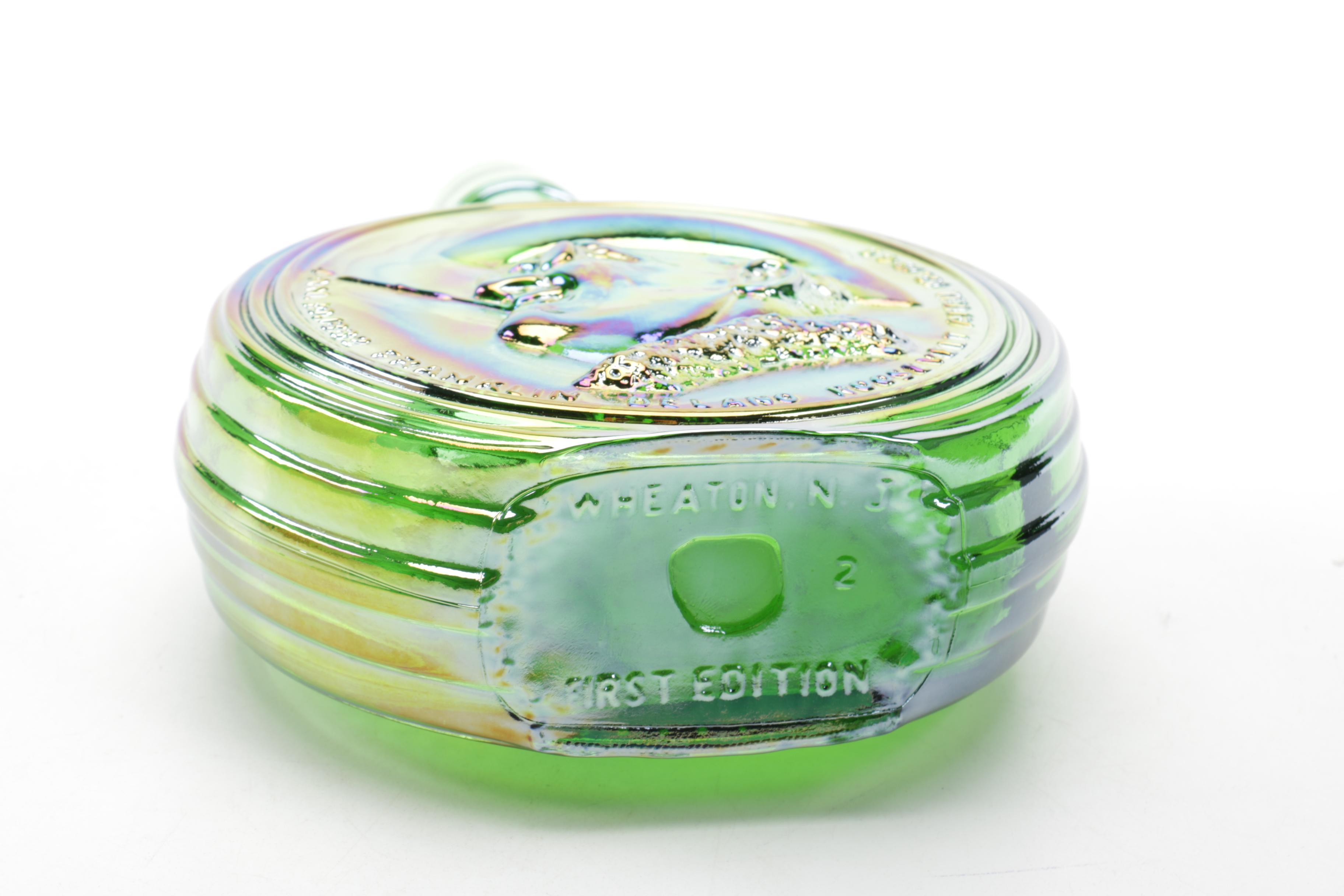 Iridescent Green Glass Bottle with Roosevelt Motif