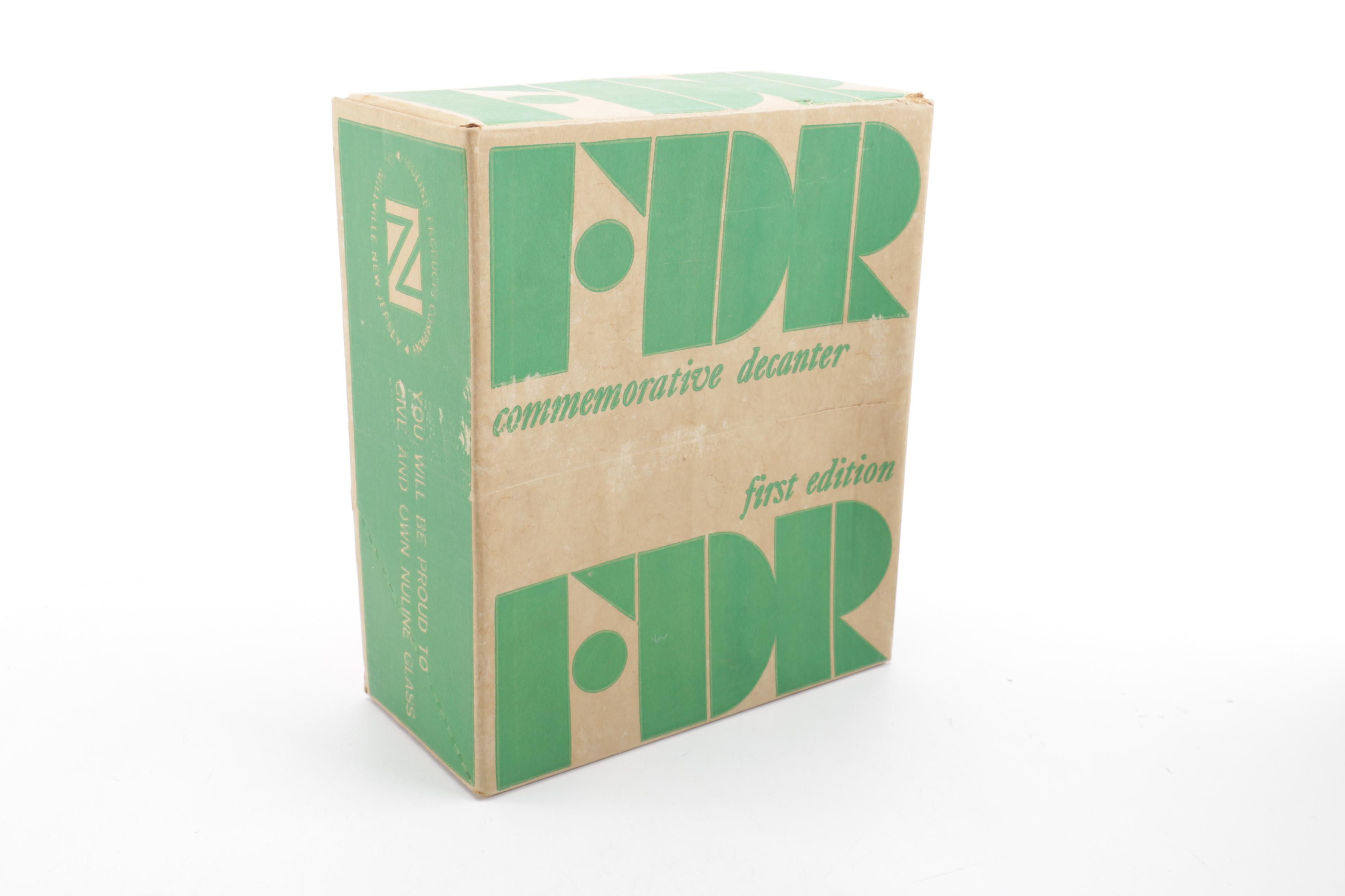 Iridescent Green Glass Bottle with Roosevelt Motif