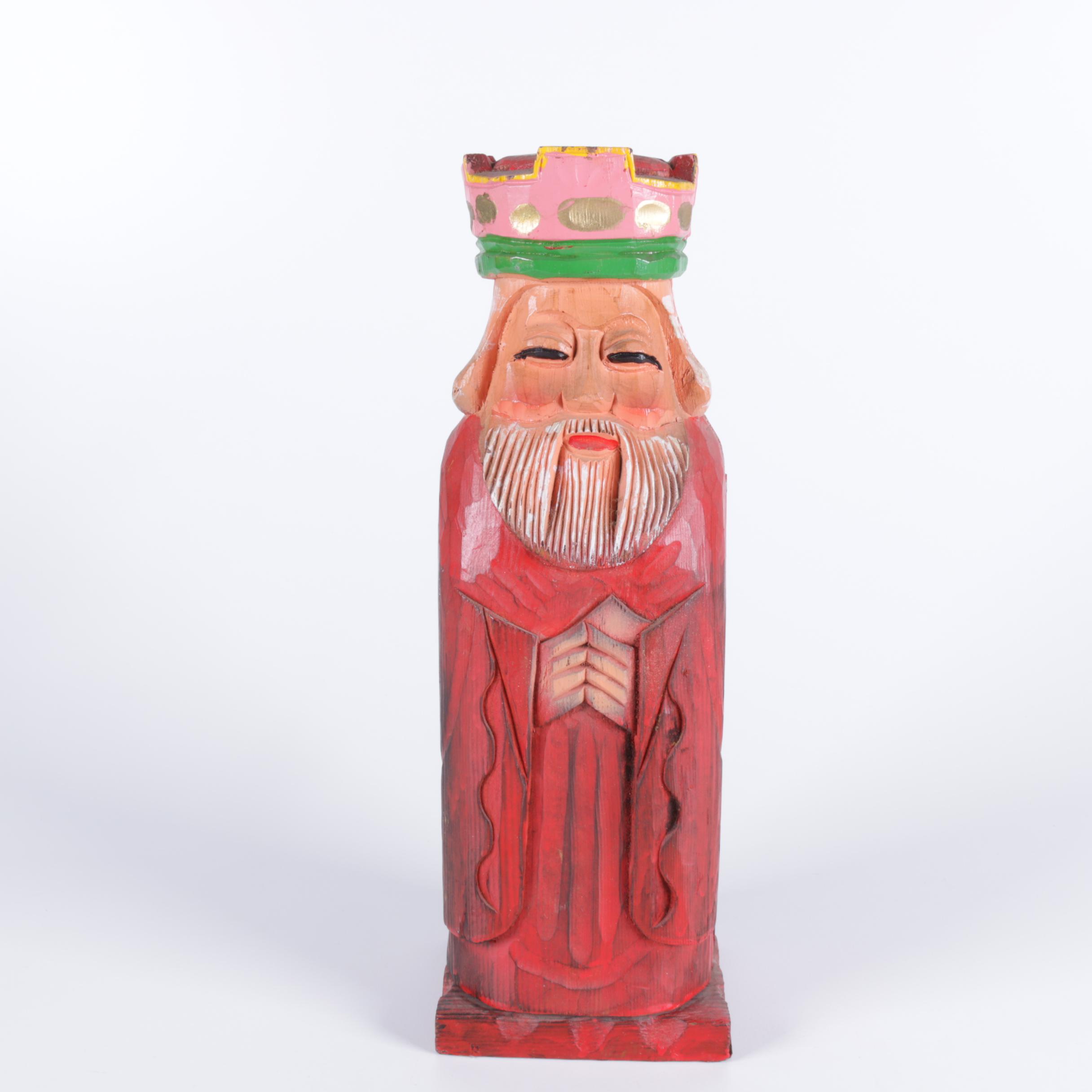 Wood Carved King Bottle Holder with Lehman Brothers Silver Plate Vase