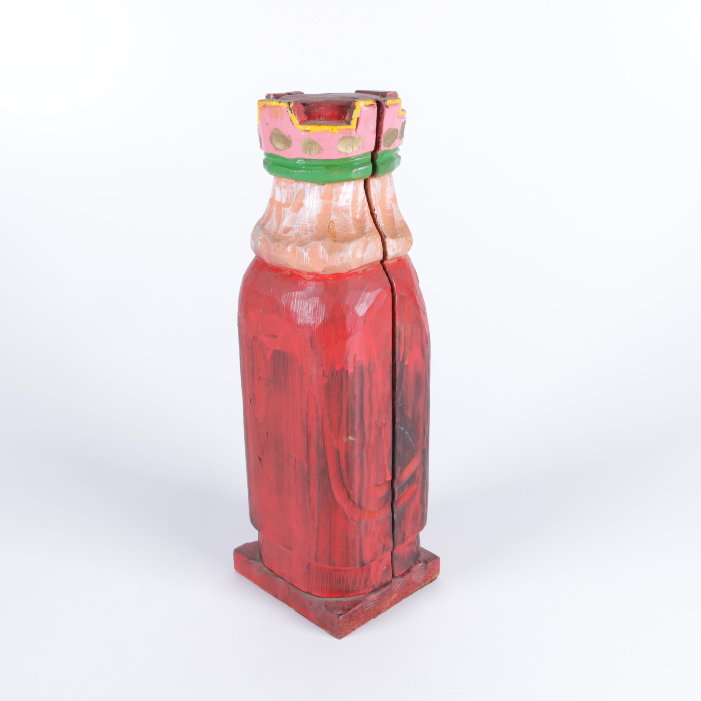 Wood Carved King Bottle Holder with Lehman Brothers Silver Plate Vase