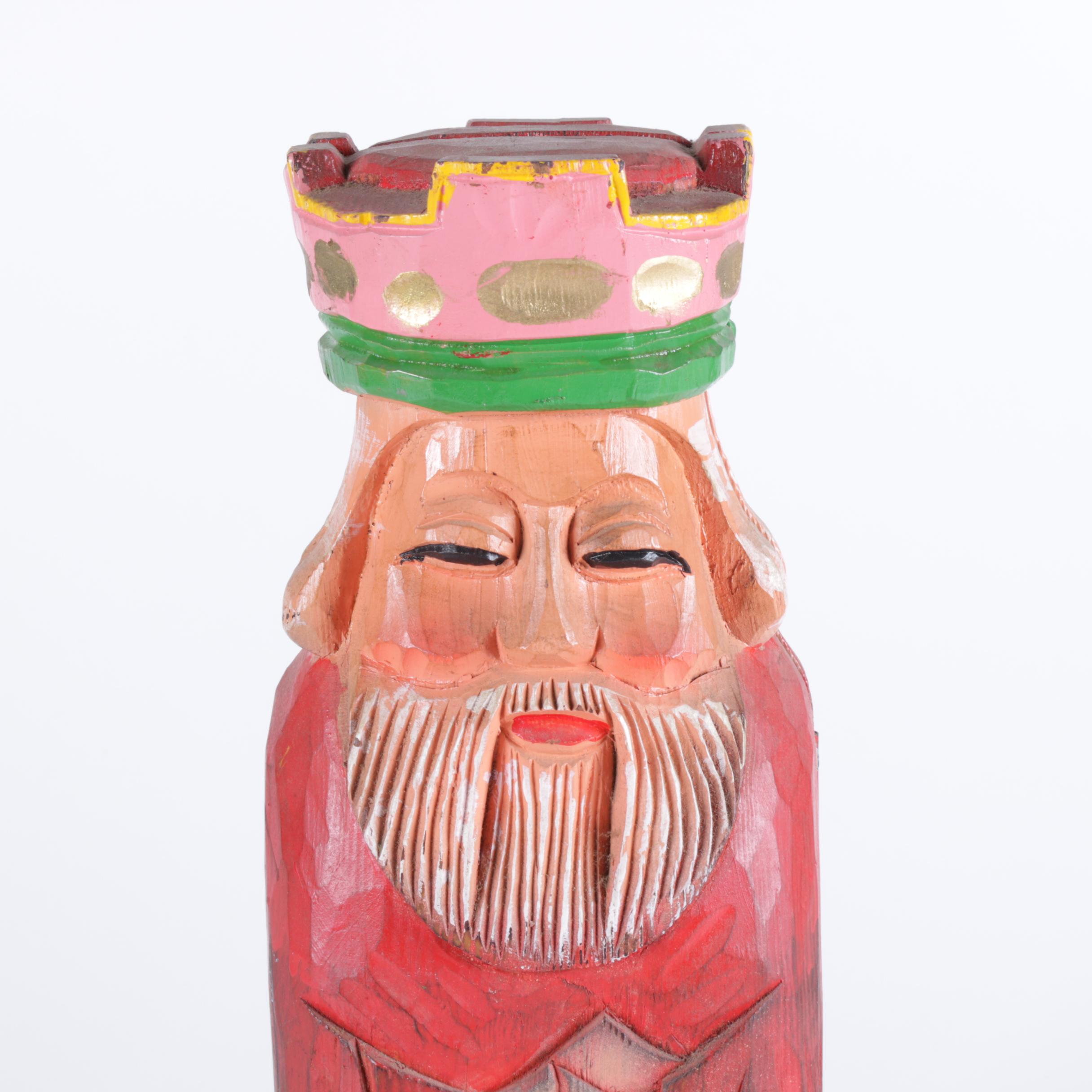 Wood Carved King Bottle Holder with Lehman Brothers Silver Plate Vase