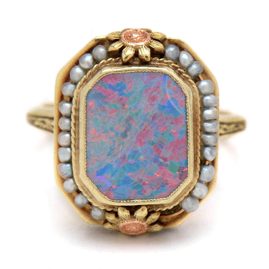 Victorian Revival 14K Yellow Gold Opal Doublet and Seed Pearl Ring