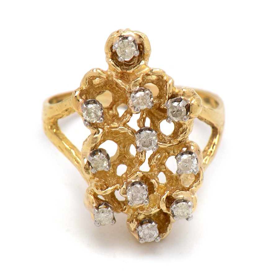 14K Yellow Gold and Diamond Open Cluster Cocktail Ring