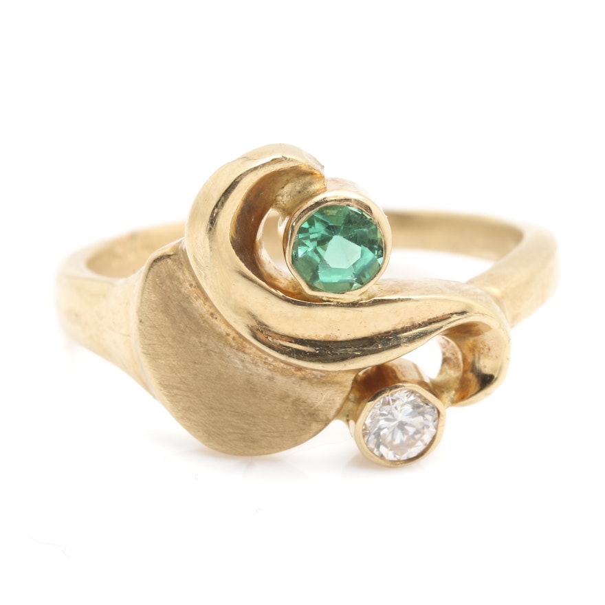 14K Yellow Gold Diamond and Green Tourmaline Ring