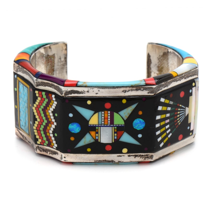 Sally Yazzie Navajo Signed Multi-Stone Sterling Silver Cuff Bracelet