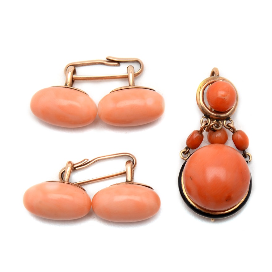 14K Rose Gold Angel Skin Coral Cuff Links and Dyed Coral Pendant