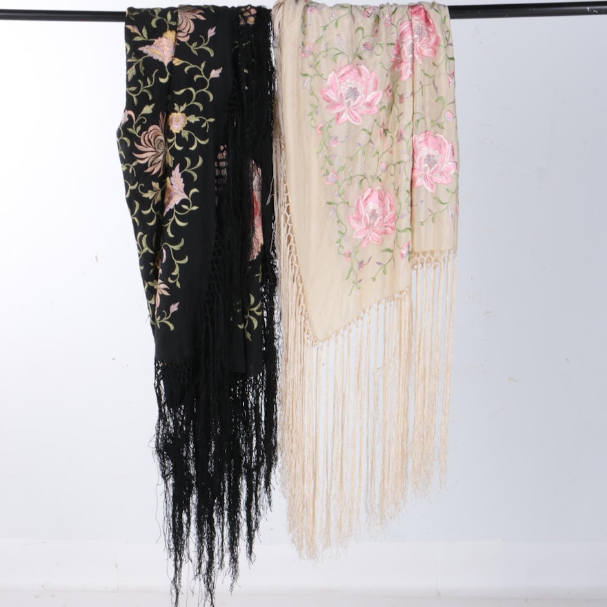 Early 20th Century Floral Embroidered Piano Shawls