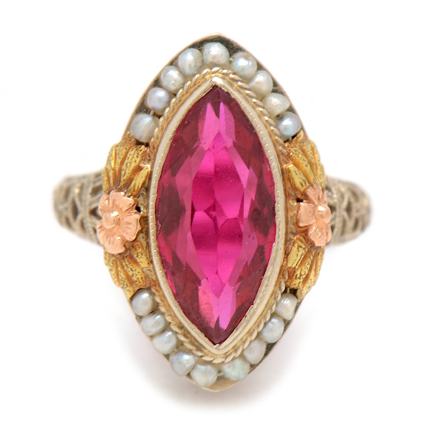 Vintage 14K Tri-Color Gold Filigree Ring with Synthetic Ruby and Pearls