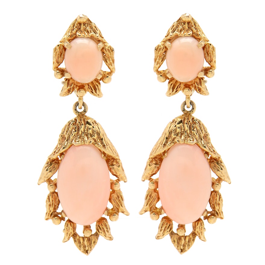 14K Yellow Gold and Angel Skin Coral Clip Earrings