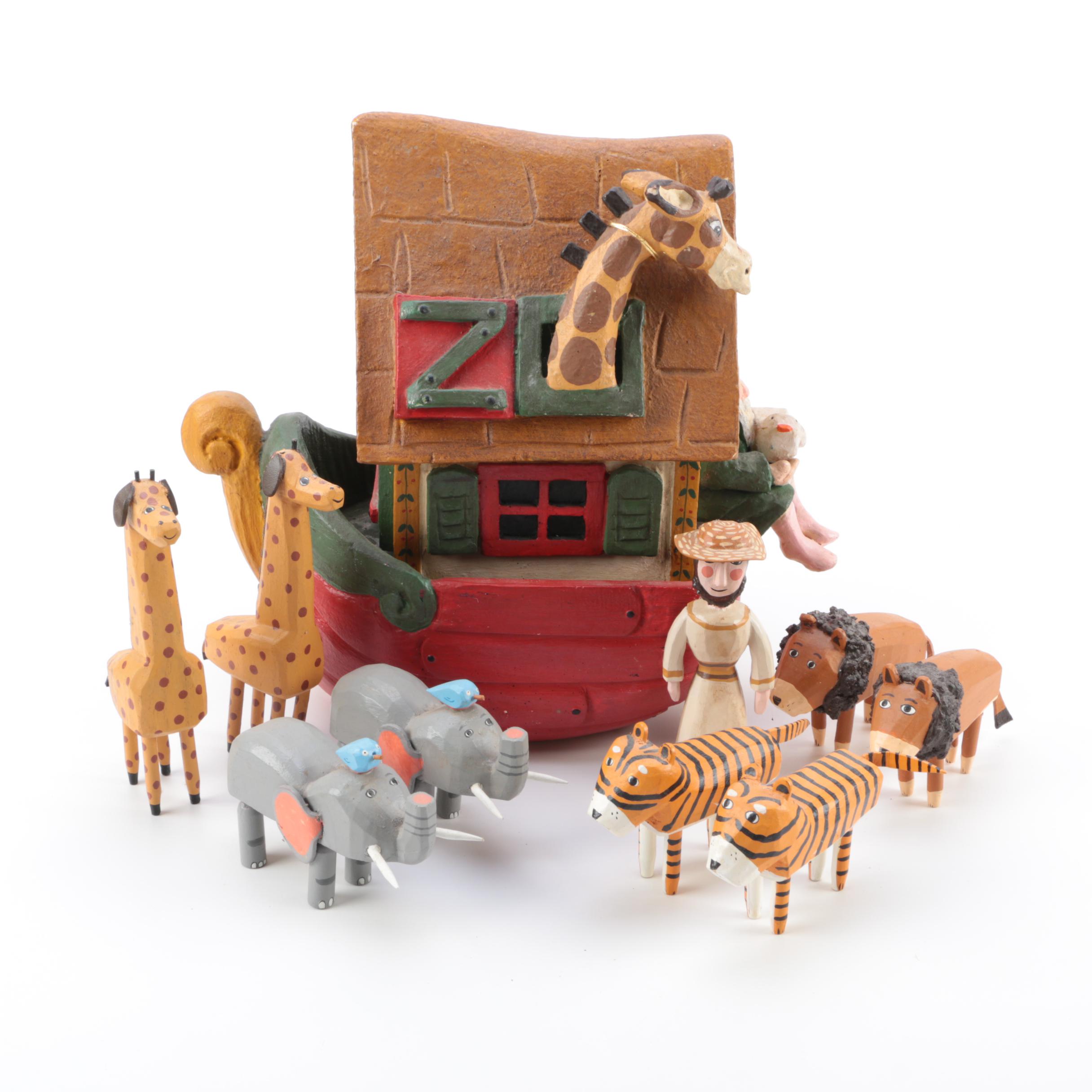 Hand Carved Noah's Ark and Animal Wood Figures