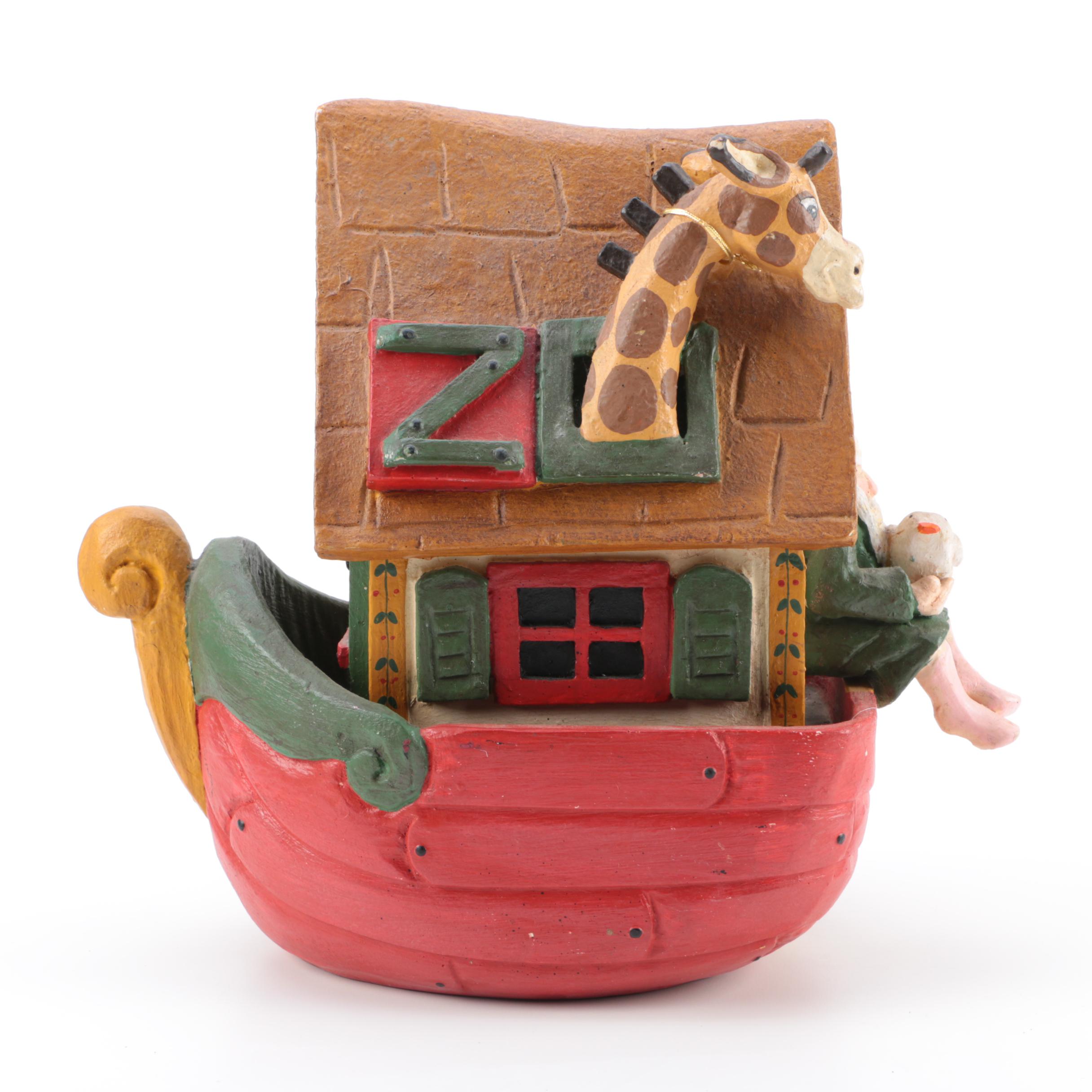 Hand Carved Noah's Ark and Animal Wood Figures