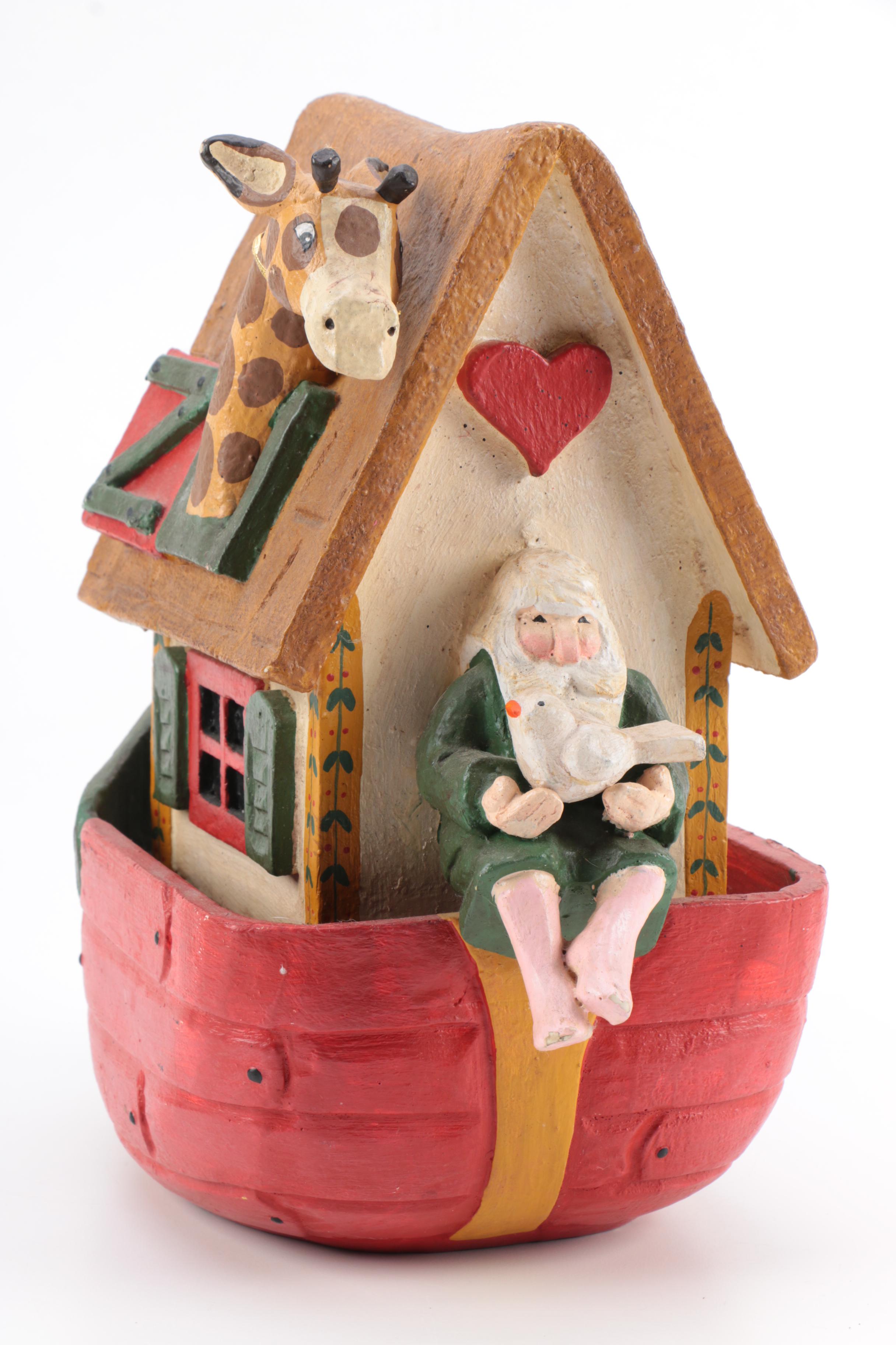 Hand Carved Noah's Ark and Animal Wood Figures