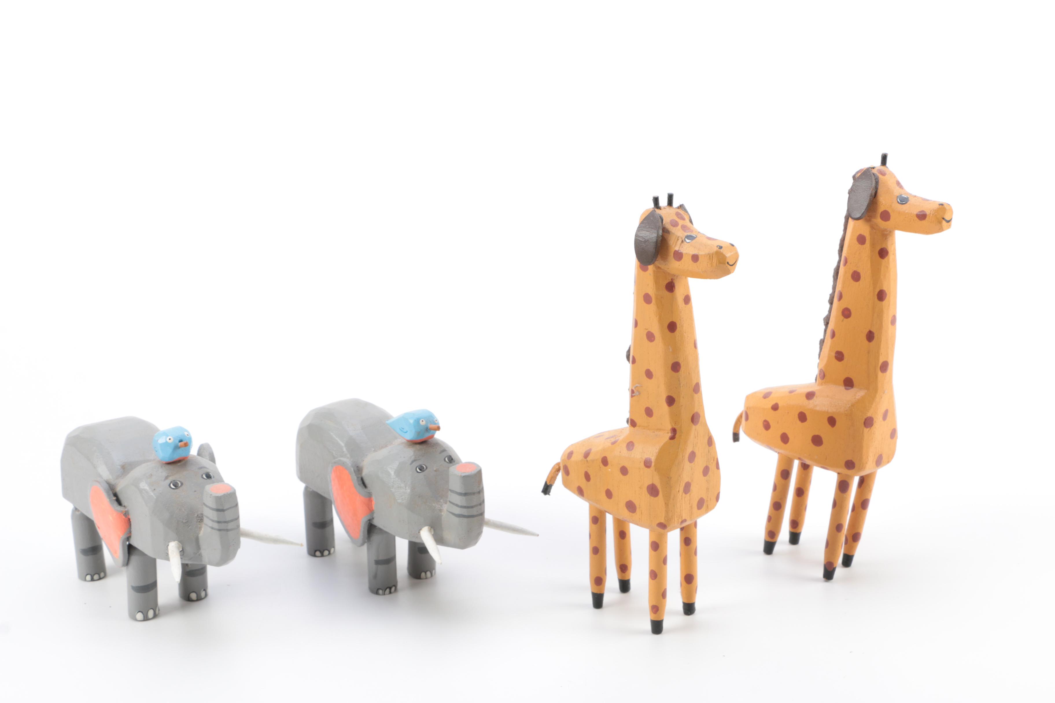 Hand Carved Noah's Ark and Animal Wood Figures
