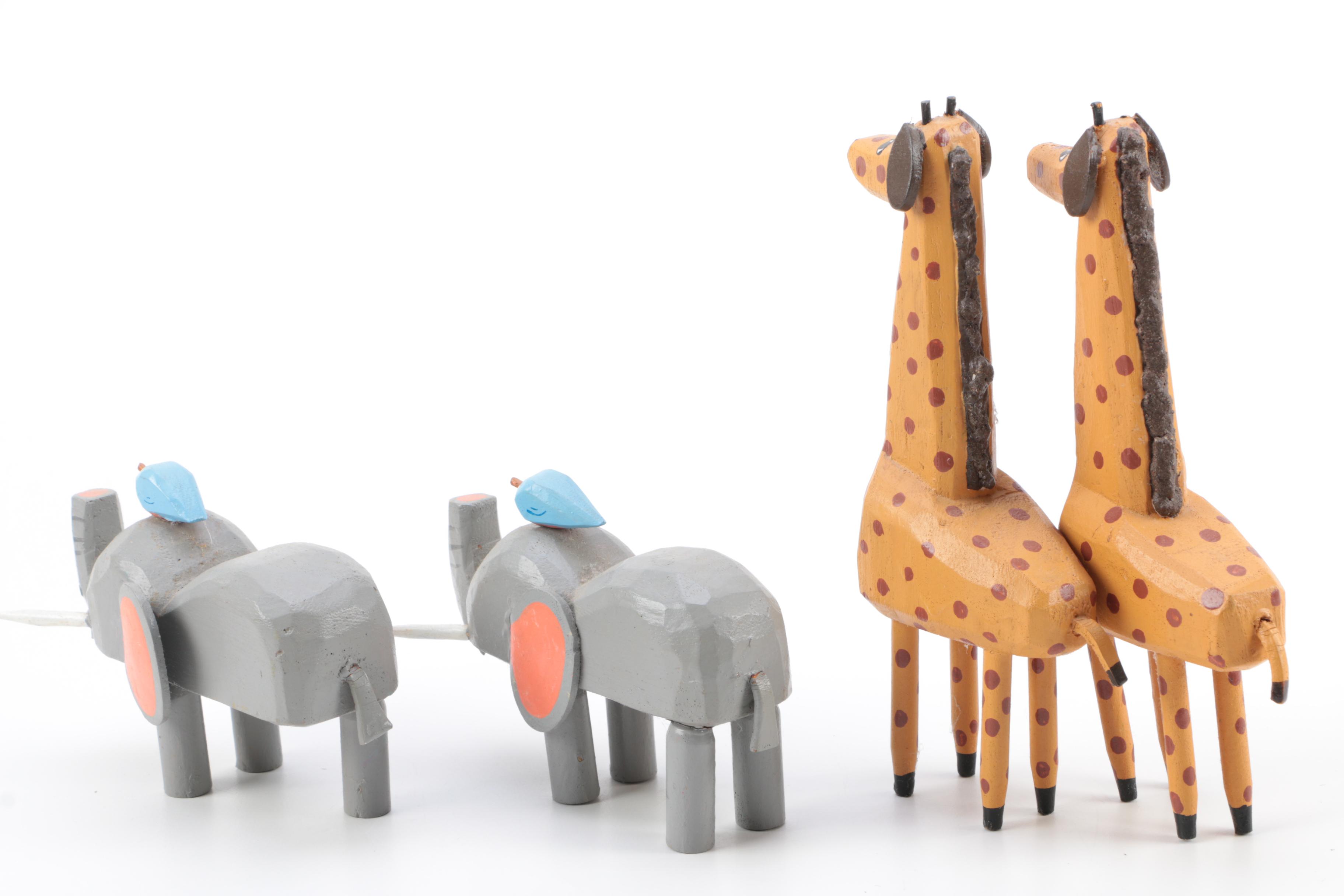 Hand Carved Noah's Ark and Animal Wood Figures