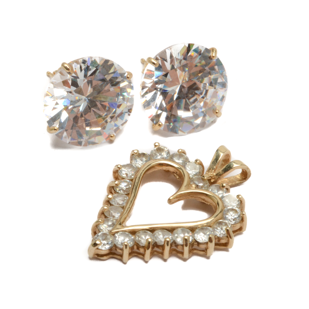 14K Gold and Cubic Zirconia Earrings and Pendant