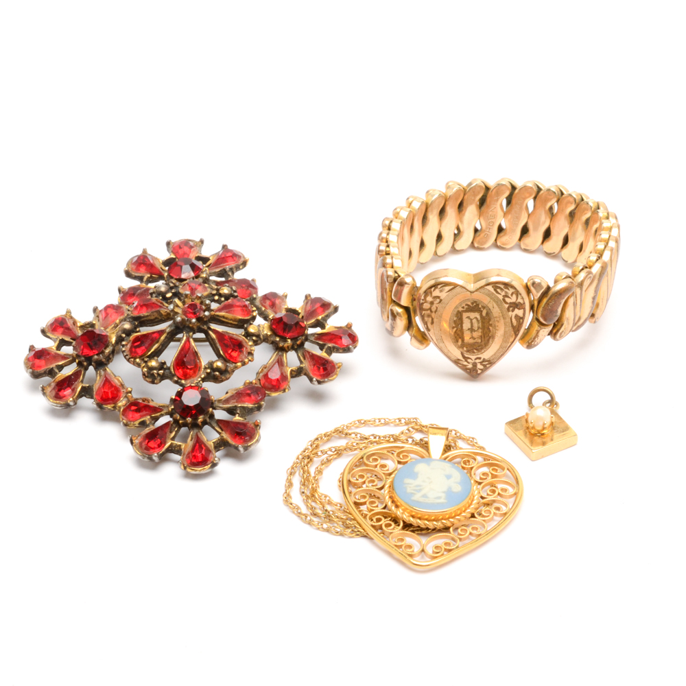 Vintage Sweetheart Bracelet, Van Dell Wedgwood Cameo Necklace and Brooch