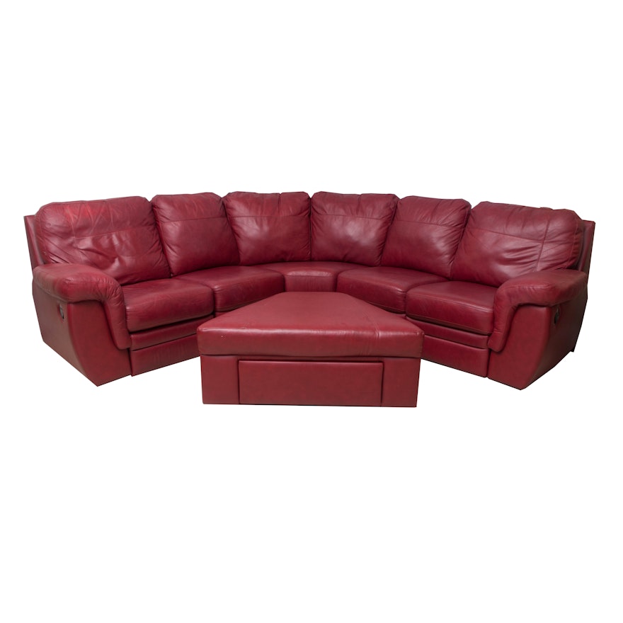 Red Bonded Leather Sectional Sofa with Ottoman