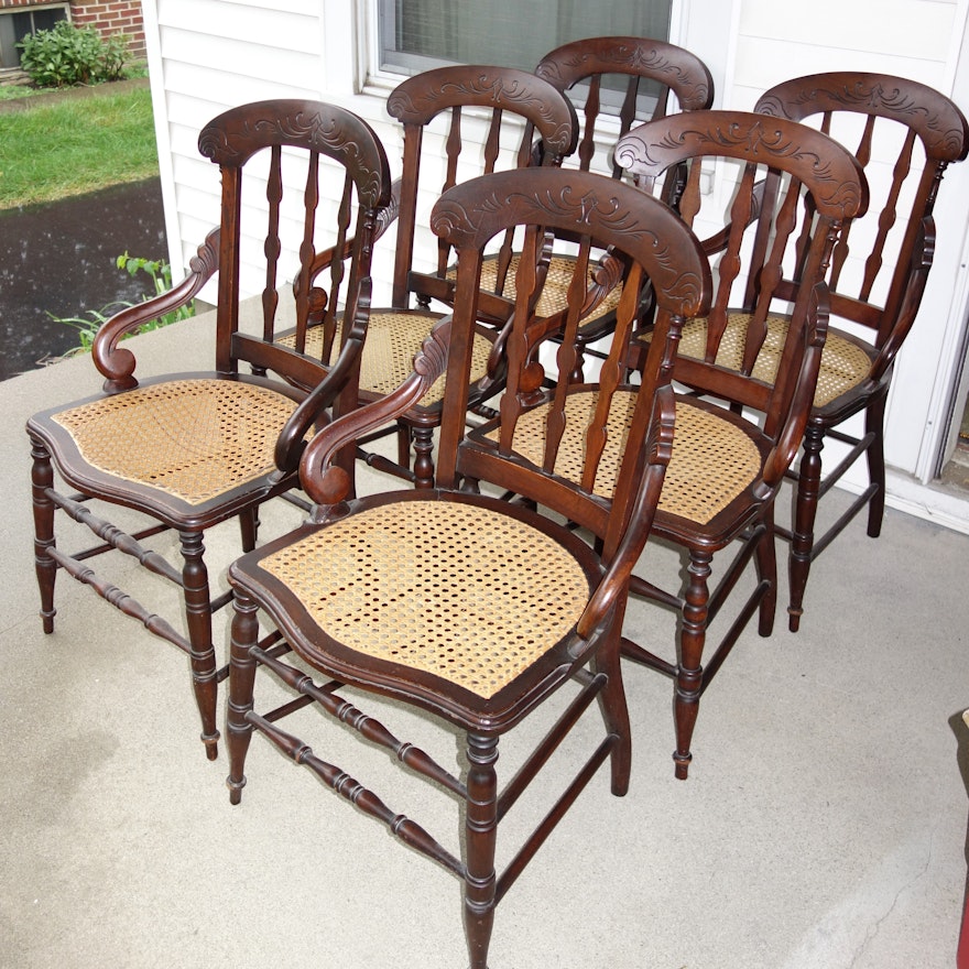 Six 19th Century American Walnut Cane Seat Dining Chairs