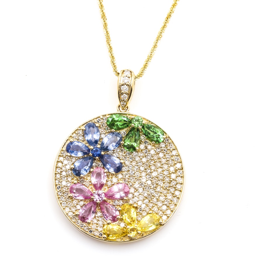 14K Yellow Gold Multi Gemstone and Diamond Pendant Necklace