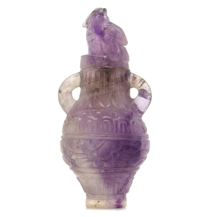 Early 20th Century Chinese Carved Amethyst Snuff Bottle with Figural Stopper