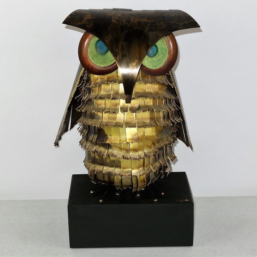 Mid Century Curtis Jere Signed Brass and Enamel Owl