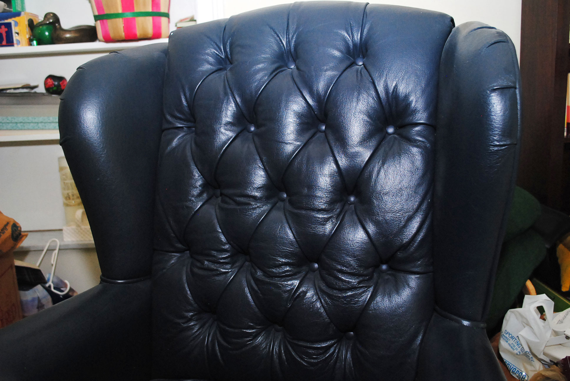 Navy Button Tufted Leather Wingback Chair