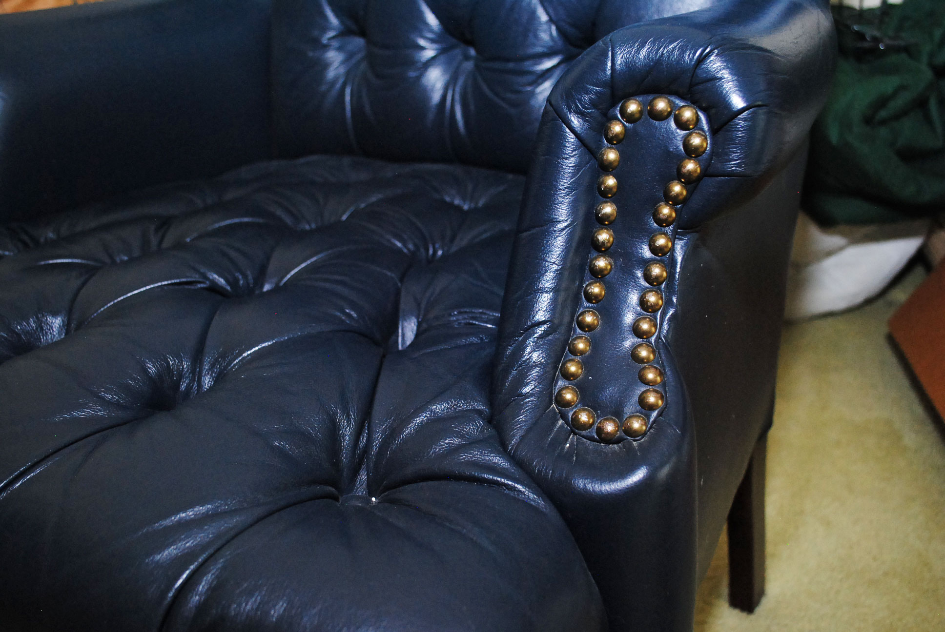 Navy Button Tufted Leather Wingback Chair