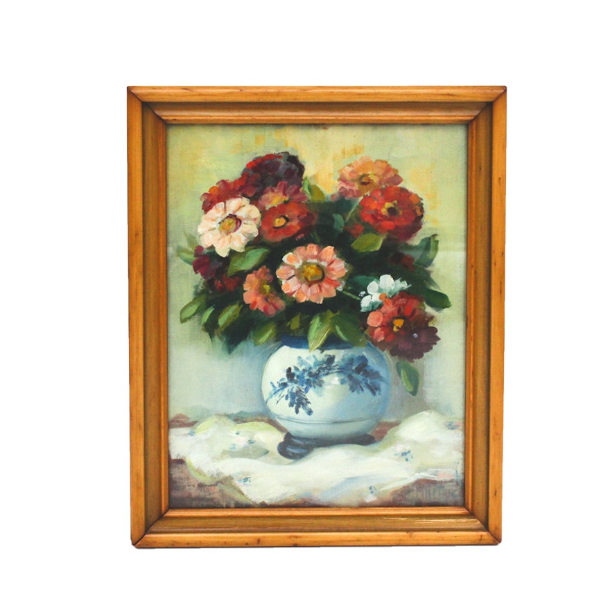 Original Martin Rettig Oil Painting of Flowers in China Vase