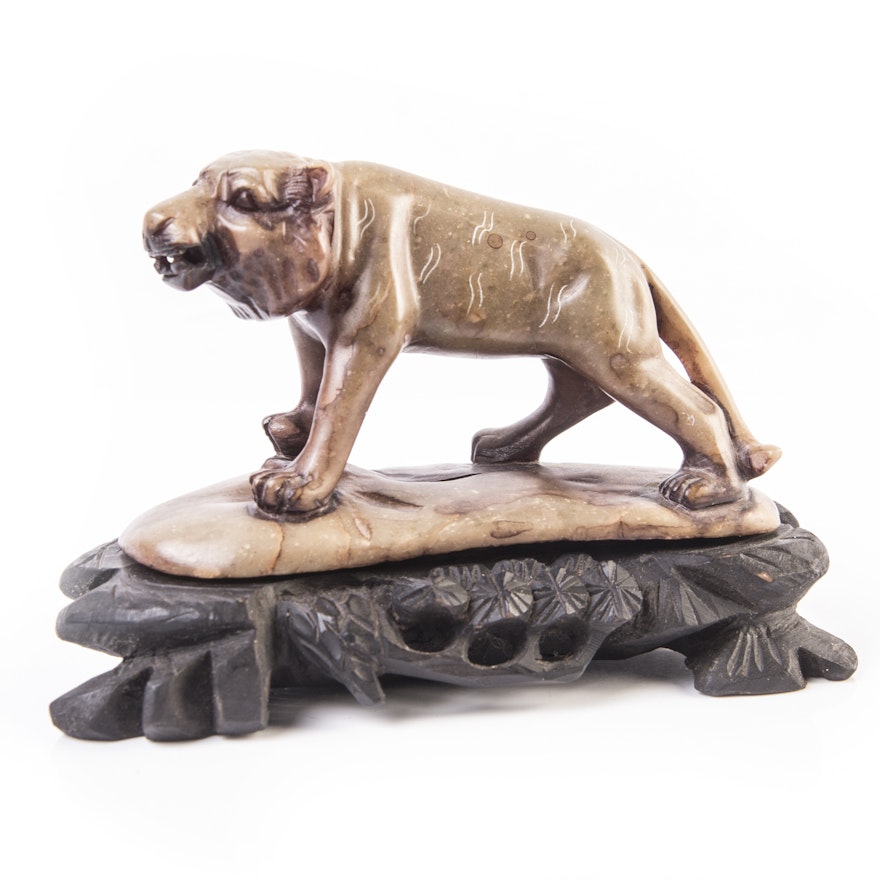 Vintage Hand Carved Stone Lion Figurine on Wooden Stand
