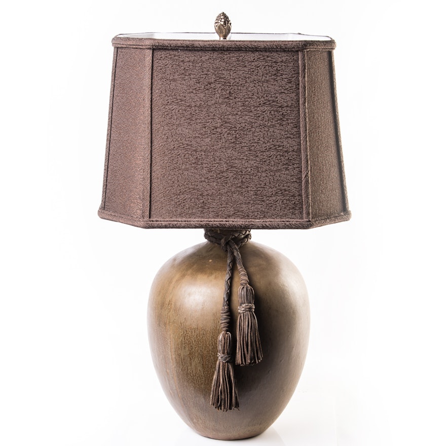 Ceramic Jug Style Table Lamp with Braided Leather Tassels