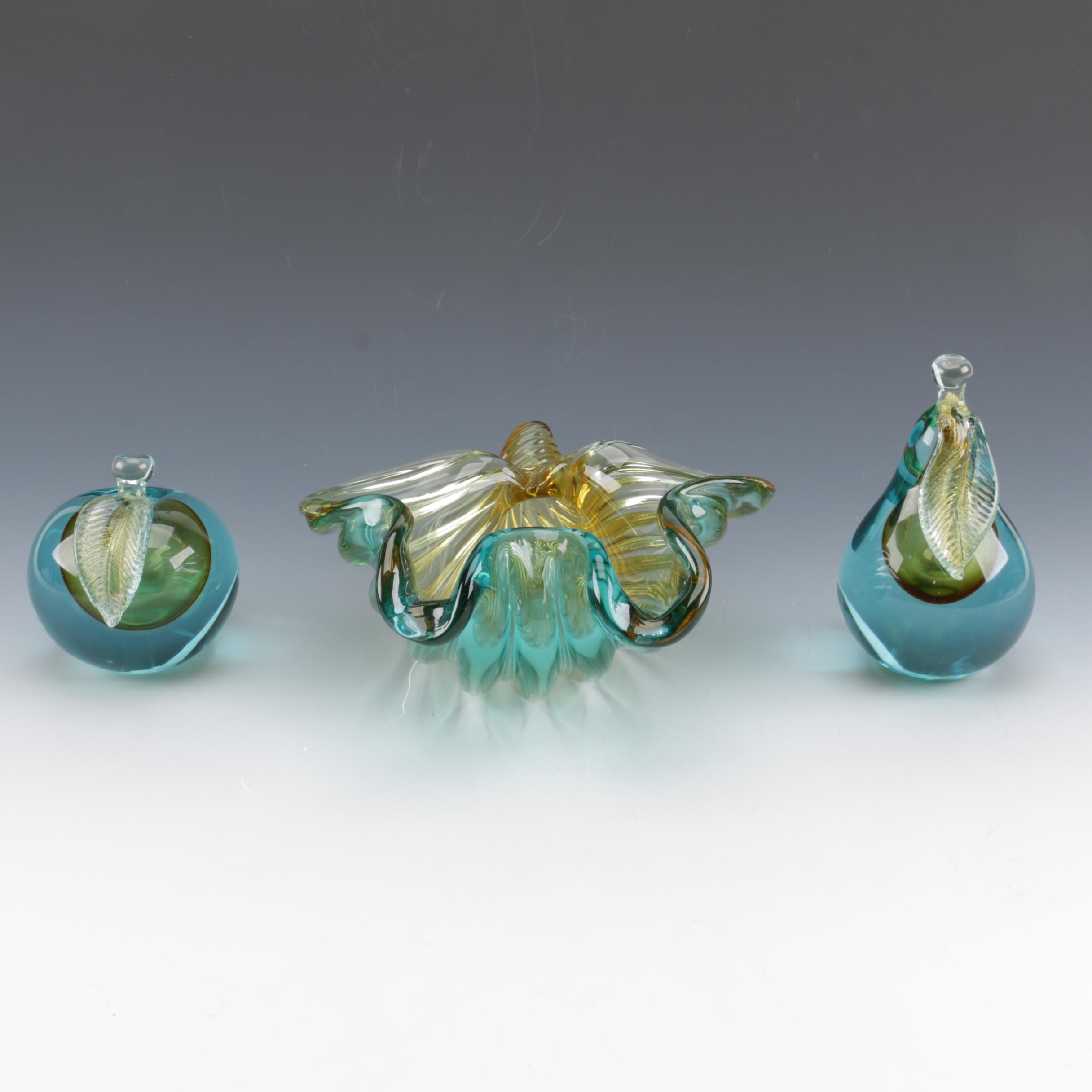 Art Glass Bowl and Paperweights
