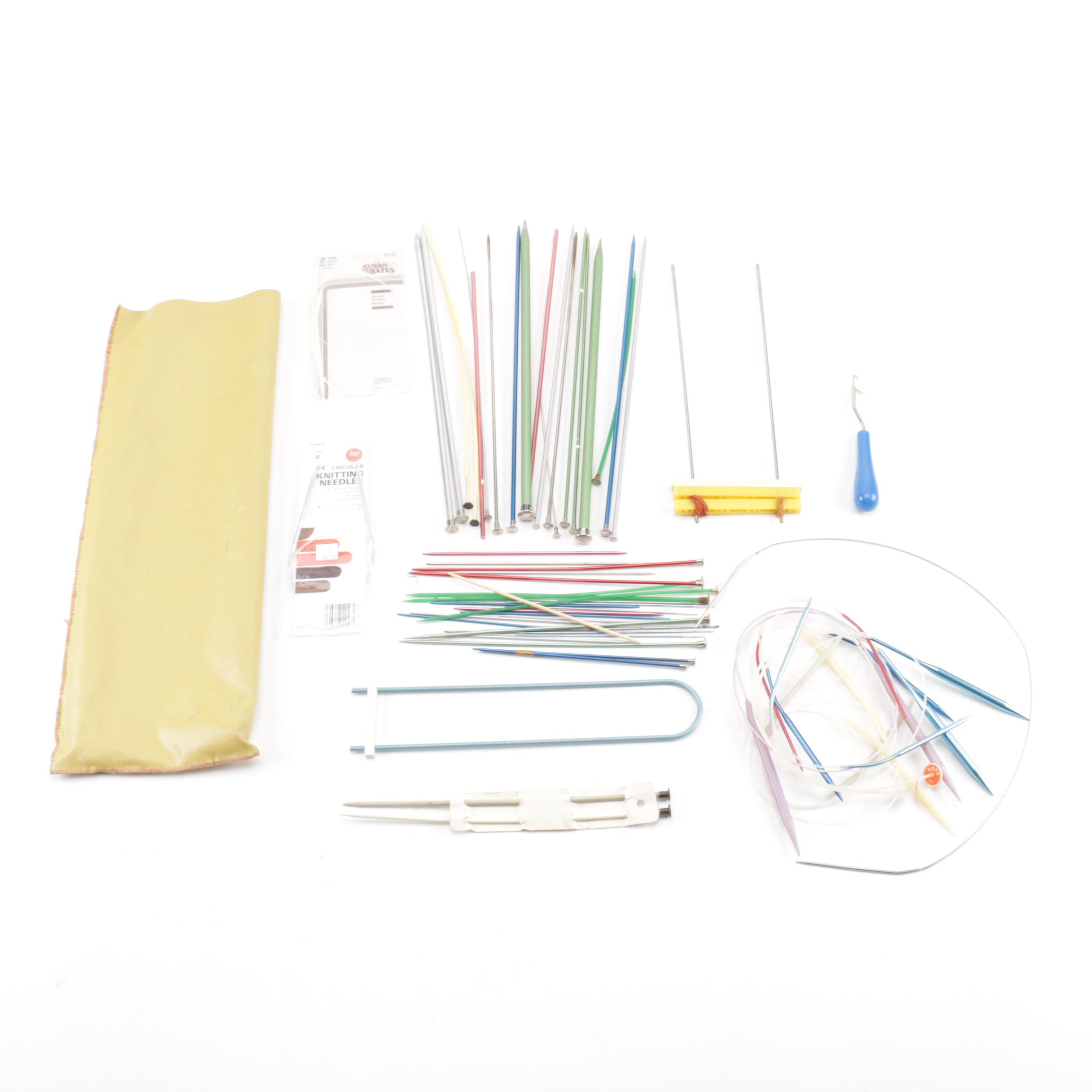 Knitting Needles and Leather Pouch