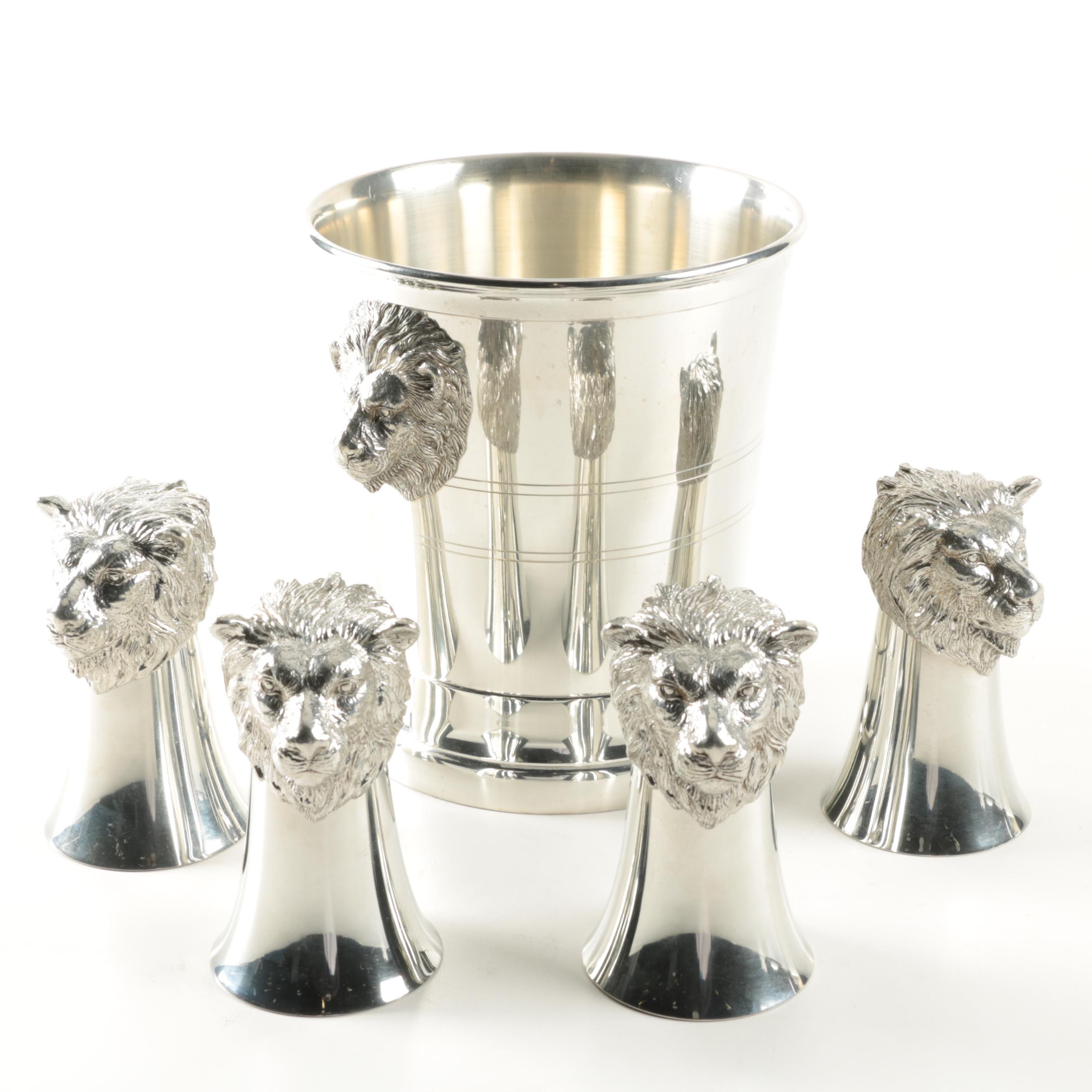 Universal Pewter Company Lion Head Wine Cooler and Goblets