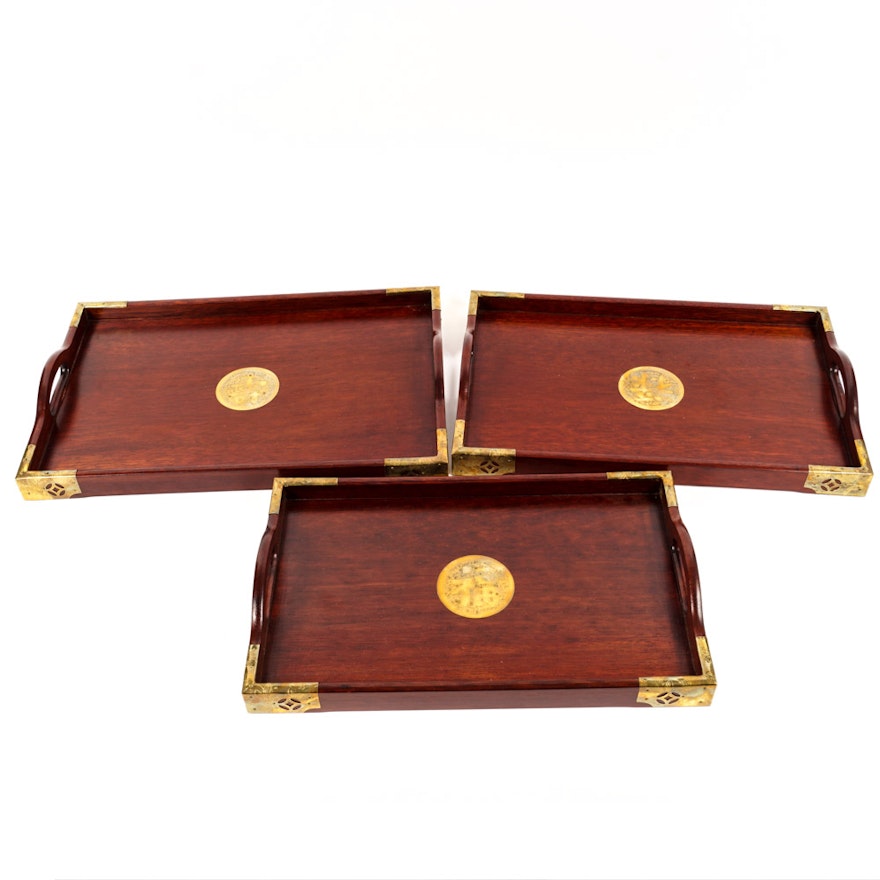 Set of Chinese Wood and Brass Serving Trays