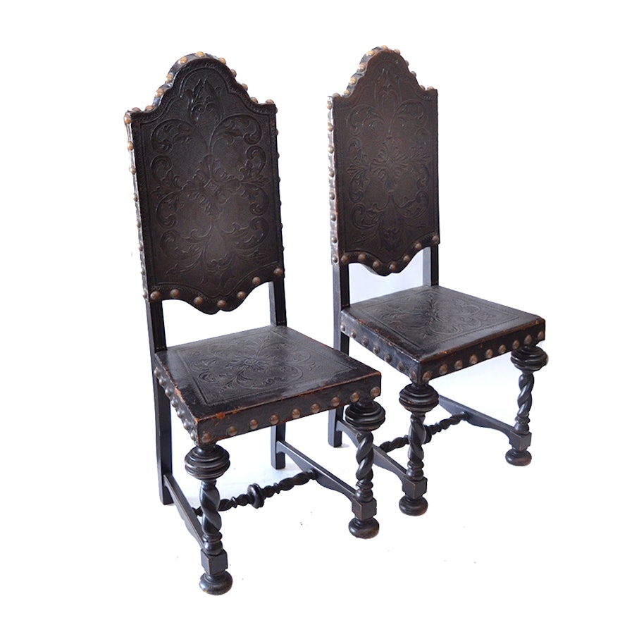Gothic Revival Walnut and Leather Dining Chairs