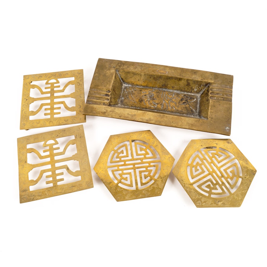 Chinese Brass Ash Receiver and Trivet Collection