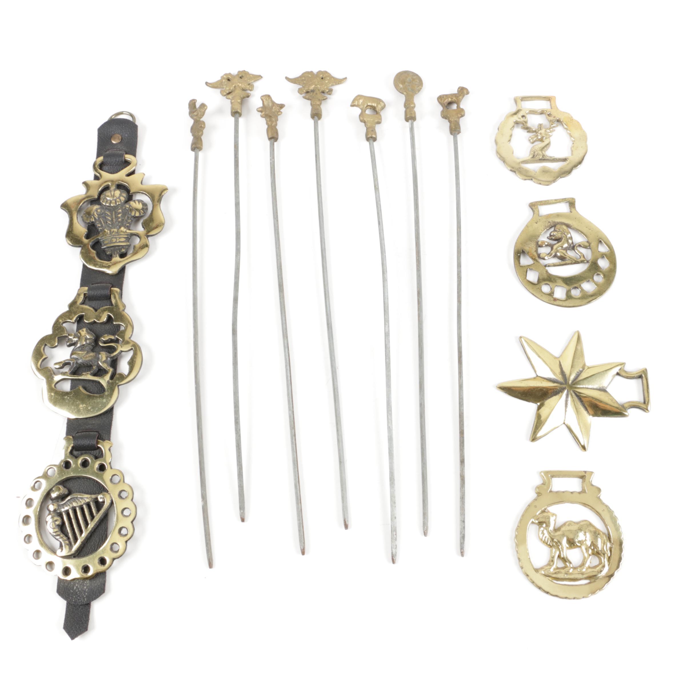 Vintage Harness Horse Brass and Brass Skewers