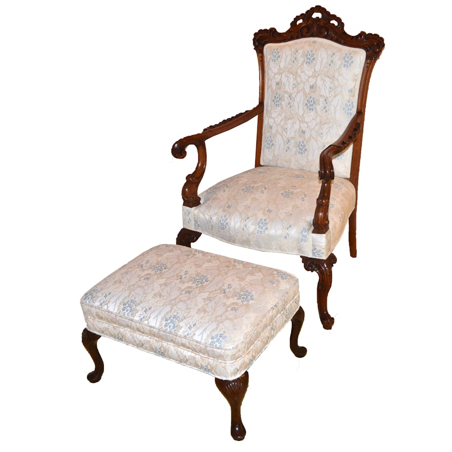 Antique Louis XV Style Upholstered Armchair and Ottoman