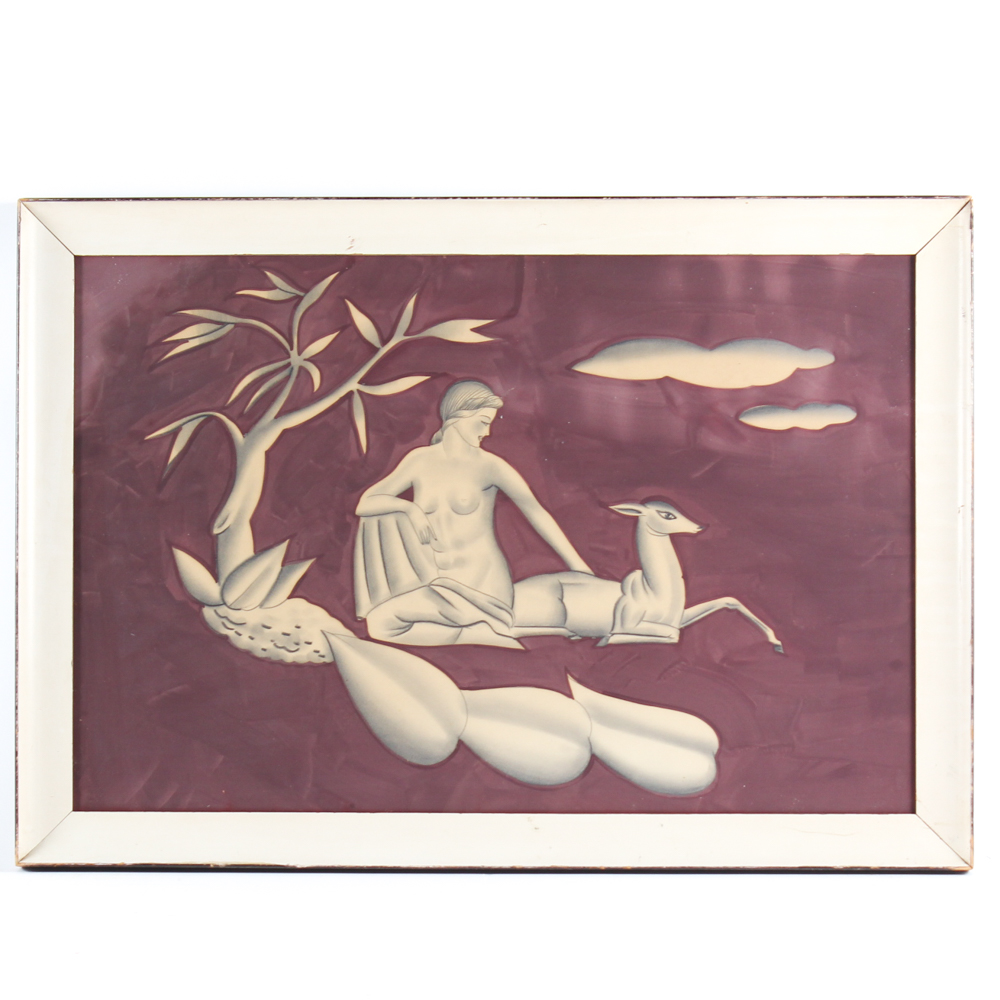 Art Deco Drawing of Woman and Deer