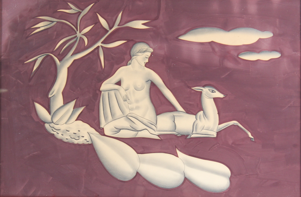 Art Deco Drawing of Woman and Deer