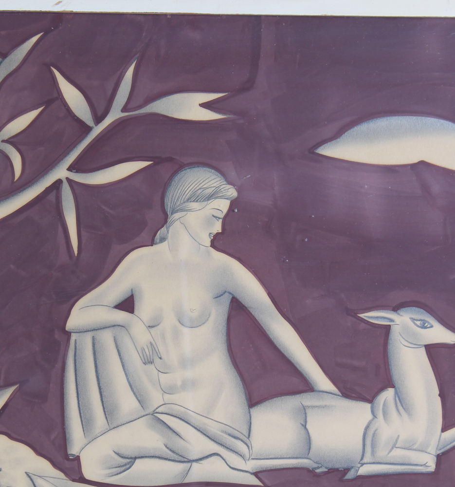 Art Deco Drawing of Woman and Deer
