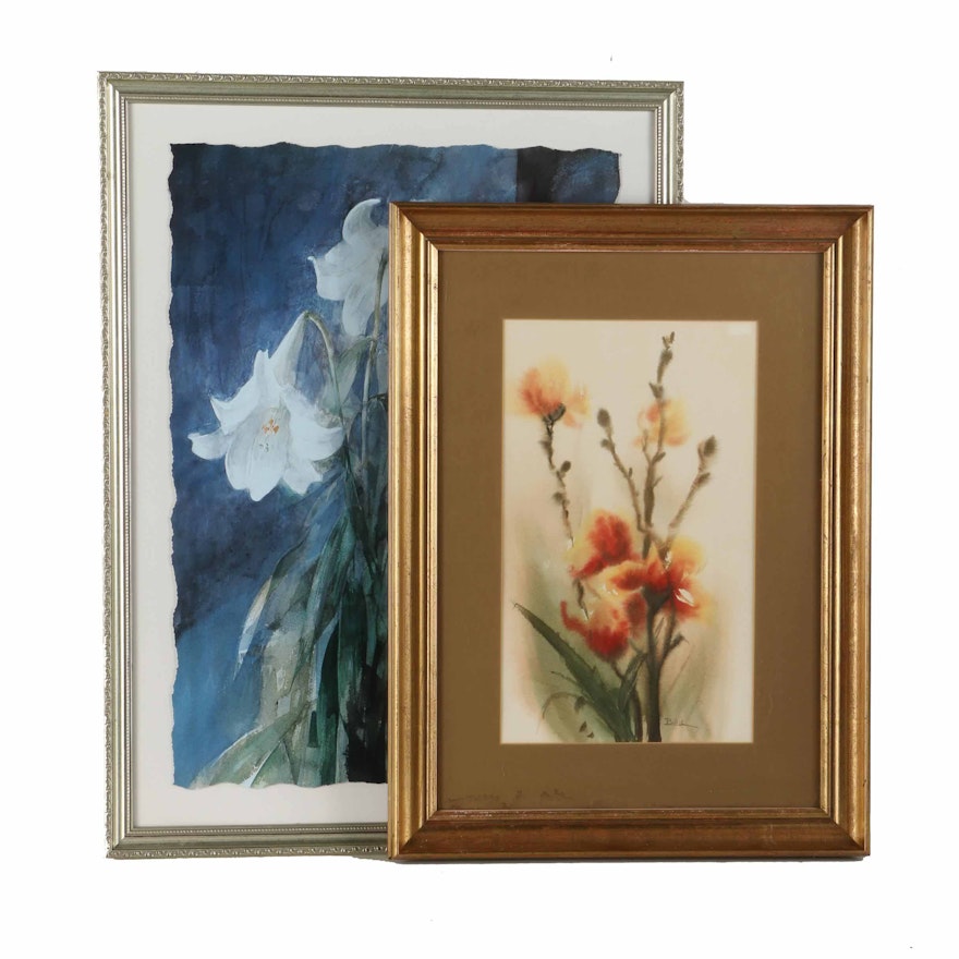 Signed Watercolor of Irises and Offset Lithograph of Lilies