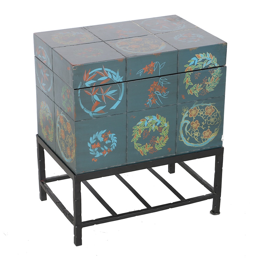 Floral Pattern Brick Chest and Black Metal Stand