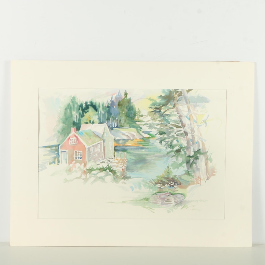 Ceacy Hailey Watercolor Painting on Paper of Cabin by Tree Lined River