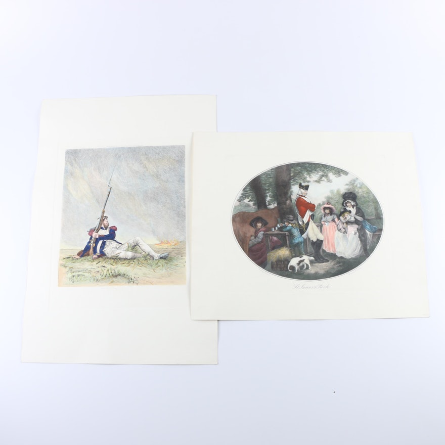 Colored Lithograph and Hand-Colored Etching of Soldiers