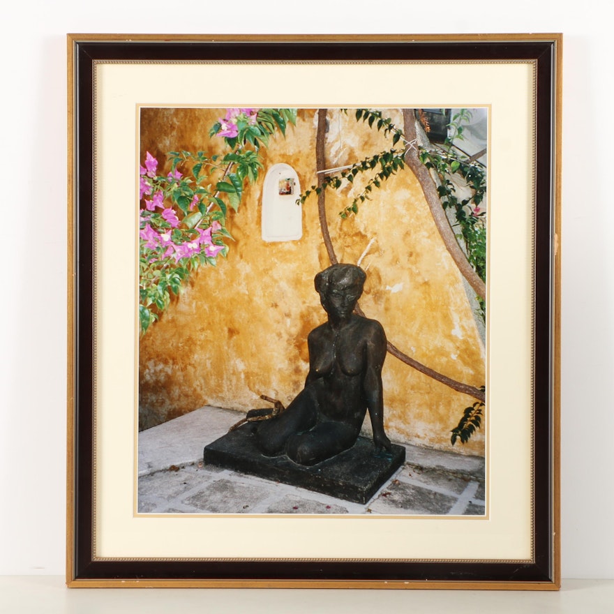 Digital Color Photographic Print of Bronze Female Figure in Courtyard