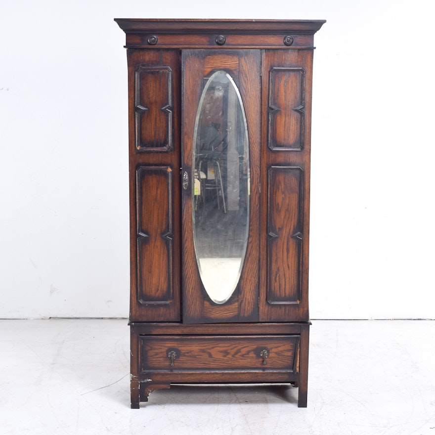 Antique English Oak Wardrobe With Beveled Mirror